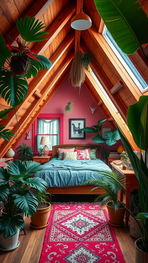 Cozy attic bedroom decorated with lush plants and warm wooden beams.