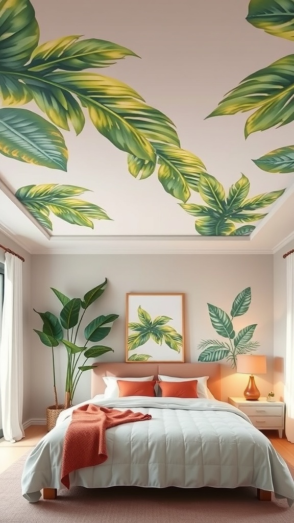 A bedroom with a painted ceiling featuring palm leaves, cozy bedding, and tropical decor.