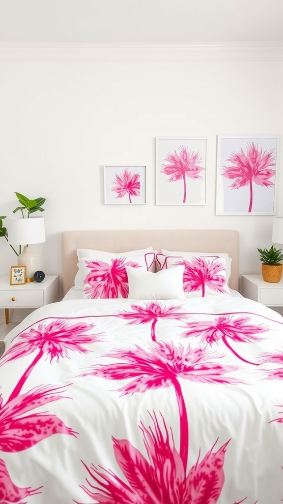 A pink-themed bedroom featuring tropical palm prints on bedding and wall art.