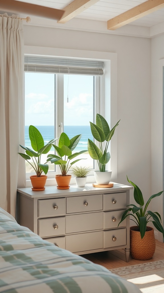 A cozy bedroom with tropical plants by the window overlooking the ocean