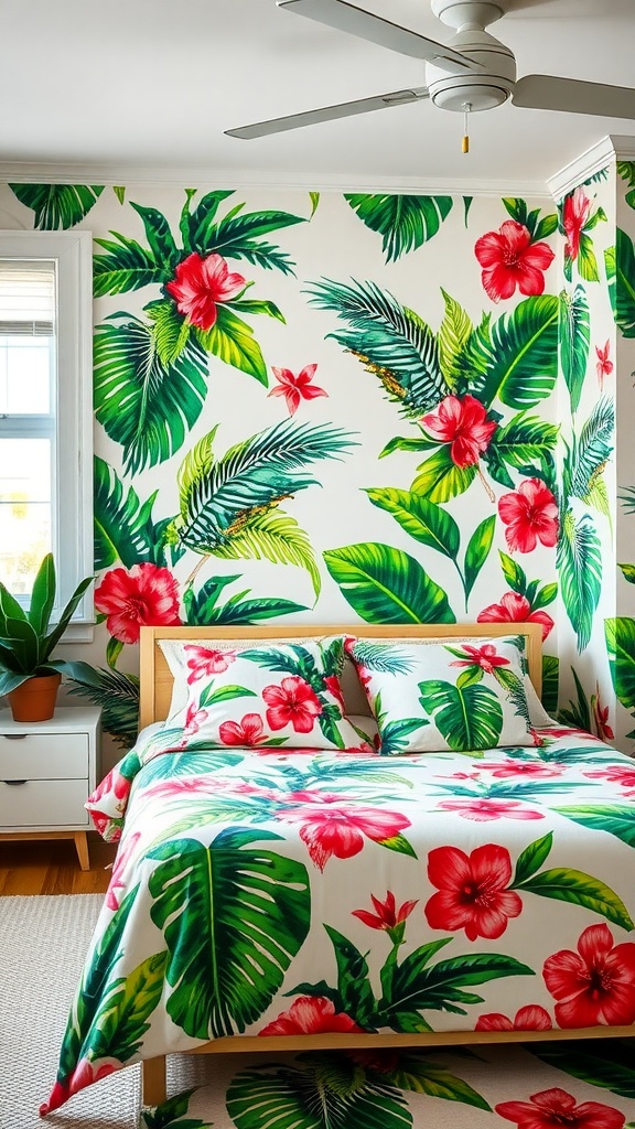 A vibrant bedroom with tropical prints on the walls and bedding, featuring large green leaves and bright red flowers.
