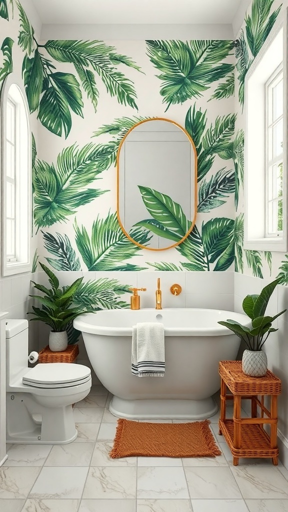 A bathroom with tropical leaf wallpaper, a freestanding tub, golden fixtures, and potted plants.