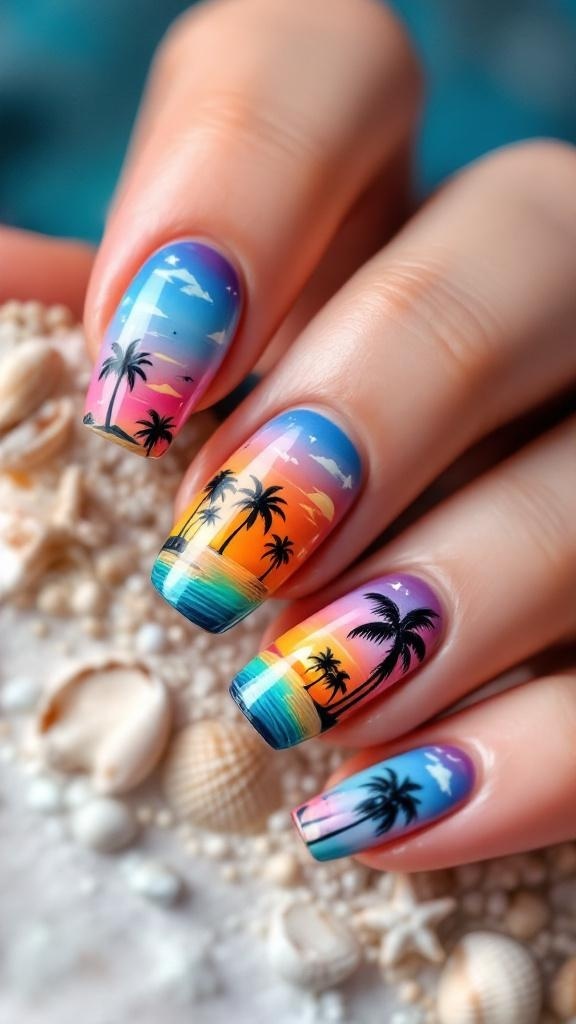 Colorful tropical sunset nail design with a seashell accent.