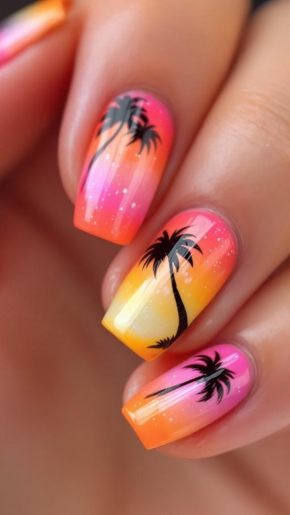 Nails painted in a tropical sunset ombre design with palm trees.