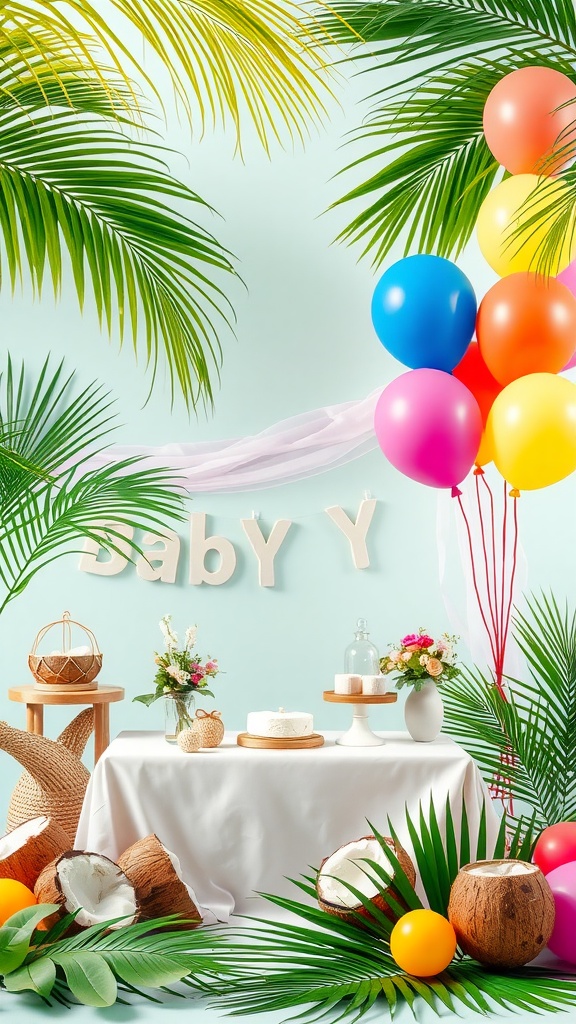 Tropical themed baby shower decorations with balloons, flowers, and coconut shells.
