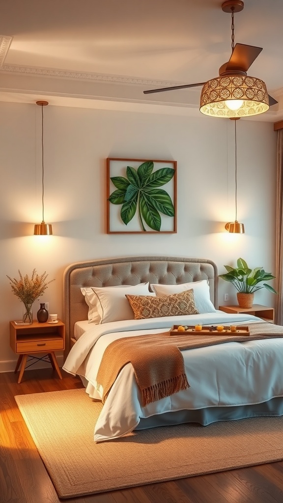 A cozy tropical-themed bedroom featuring a stylish ceiling fan and pendant lights.