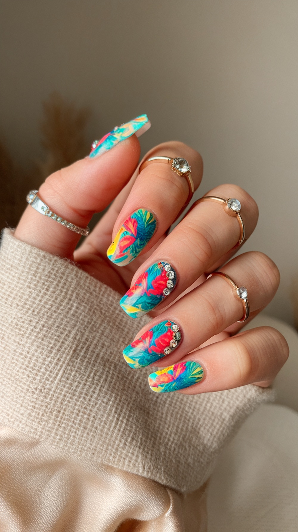 Colorful tropical nail design with rhinestone accents