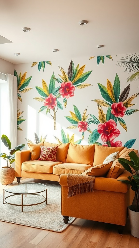 A bright living room featuring tropical wallpaper with flowers and leaves, an orange couch, and indoor plants.