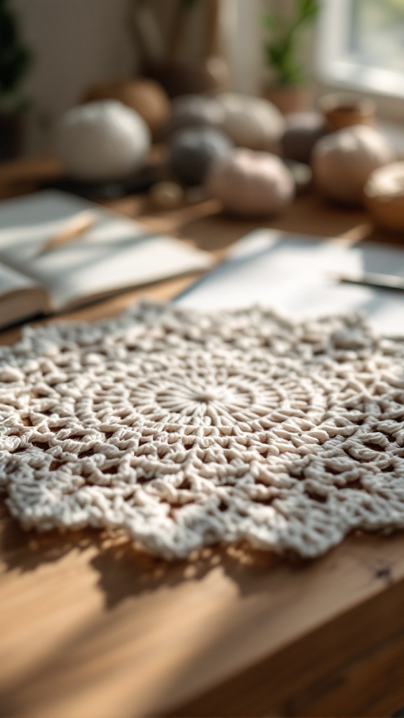 Crochet piece on a wooden table with yarn balls and notebooks in the background.
