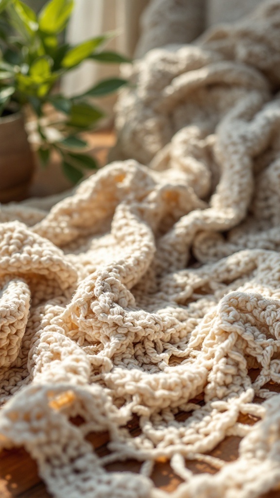 A close-up image of a crochet piece, showcasing a textured, creamy crochet pattern.