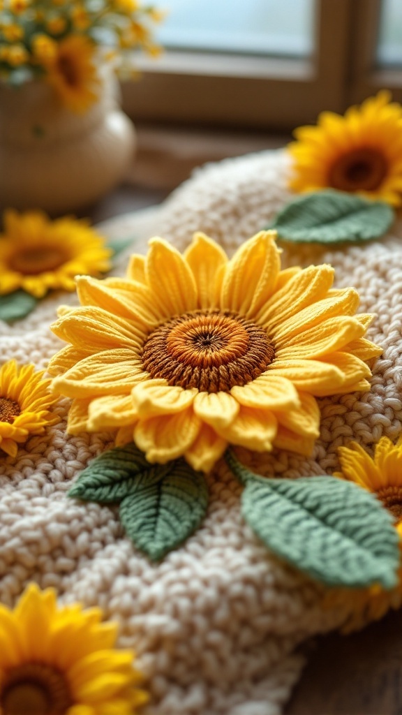 A close-up of a crocheted sunflower with vibrant yellow petals and green leaves, surrounded by smaller sunflowers and a cozy backdrop.