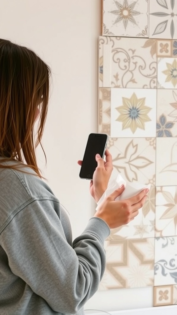 A person looking at their phone while preparing to install peel and stick floor tiles in a bathroom.
