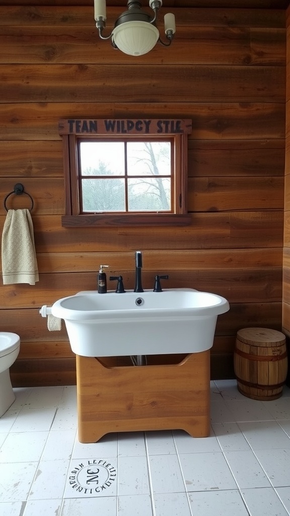 A rustic bathroom featuring a white trough sink with a wooden base, wooden panel walls, and a window.