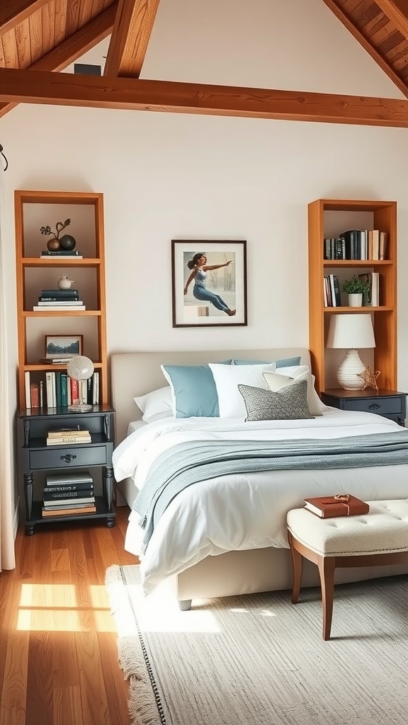 A cozy bedroom with wooden bookshelves and a neatly made bed, showcasing tucked away book storage.
