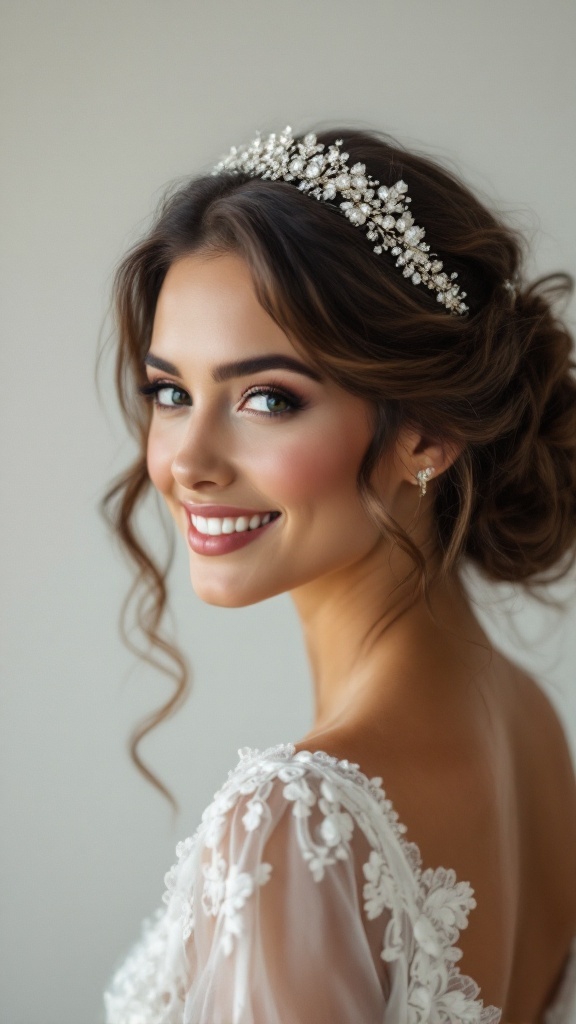 Bride with tucked curls and a tiara, showcasing a romantic wedding hairstyle.