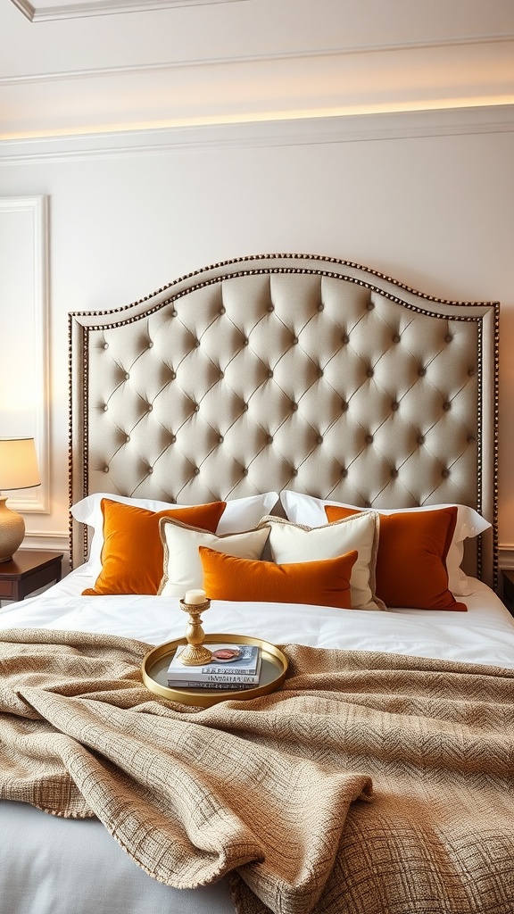 A stylish tufted headboard with buttons in a cozy bedroom setting