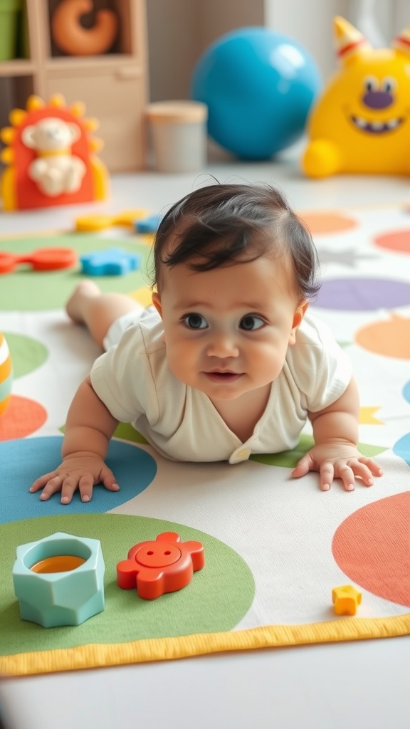 A baby lying on their tummy with colorful toys on a play mat