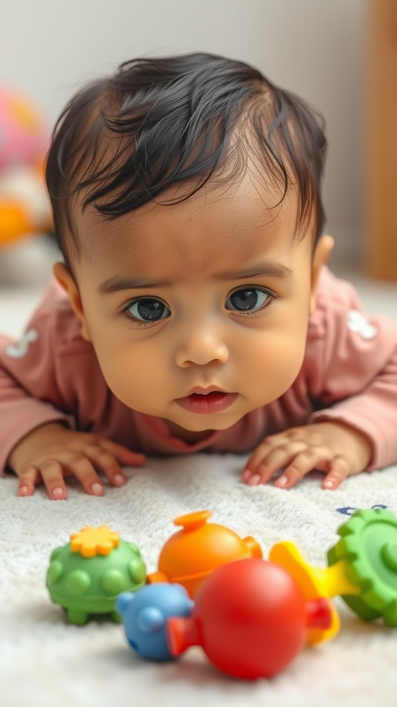 A baby lying on their stomach surrounded by colorful toys, looking curiously at the camera.