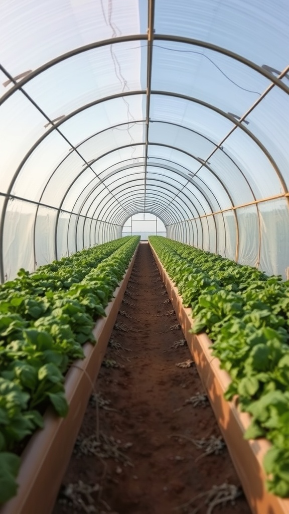 Inside view of a tunnel greenhouse with rows of green plants