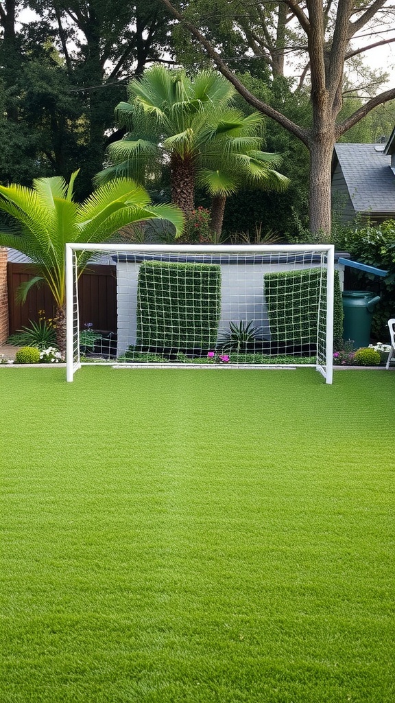 Backyard turf with a soccer goal and palm trees.