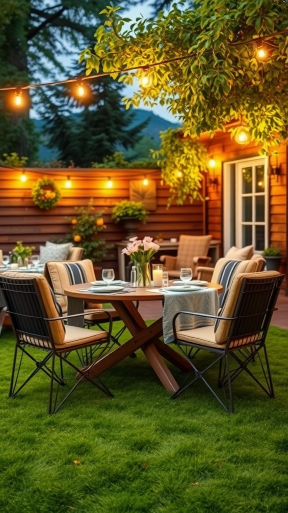 Cozy outdoor dining area with a round table, chairs on turf, and string lights.