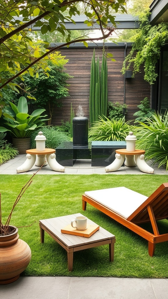 A tranquil backyard relaxation zone featuring turf, lounge chair, and water feature.
