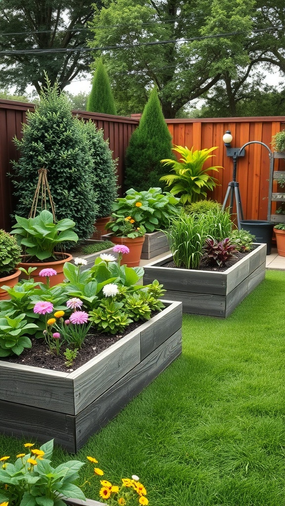 A backyard with raised planters filled with various plants and flowers, surrounded by lush green turf.