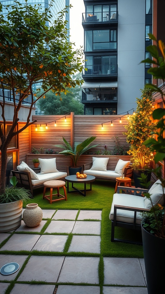 Cozy urban backyard with turf, seating, and warm lighting