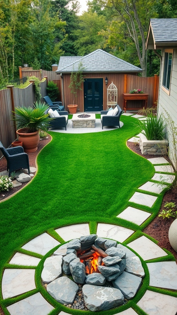 A backyard featuring lush green turf integrated with stone walkways and a fire pit, creating a cozy outdoor space.