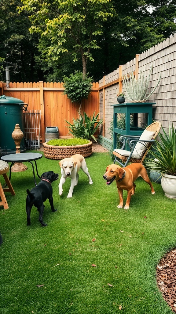 A backyard with three dogs playing on green turf, surrounded by plants and outdoor furniture.