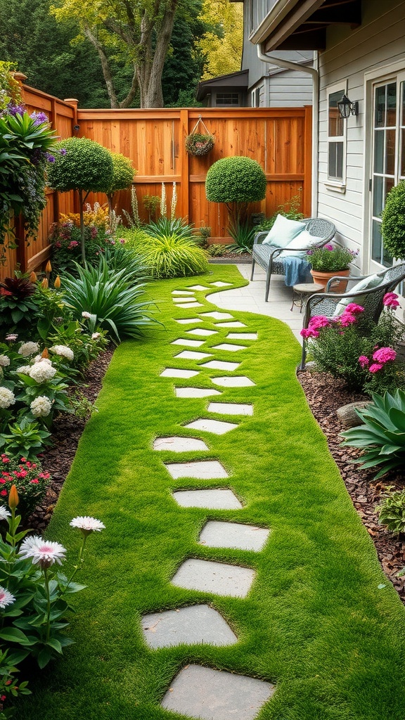 A garden pathway made of stone pavers surrounded by green turf and colorful flowers.