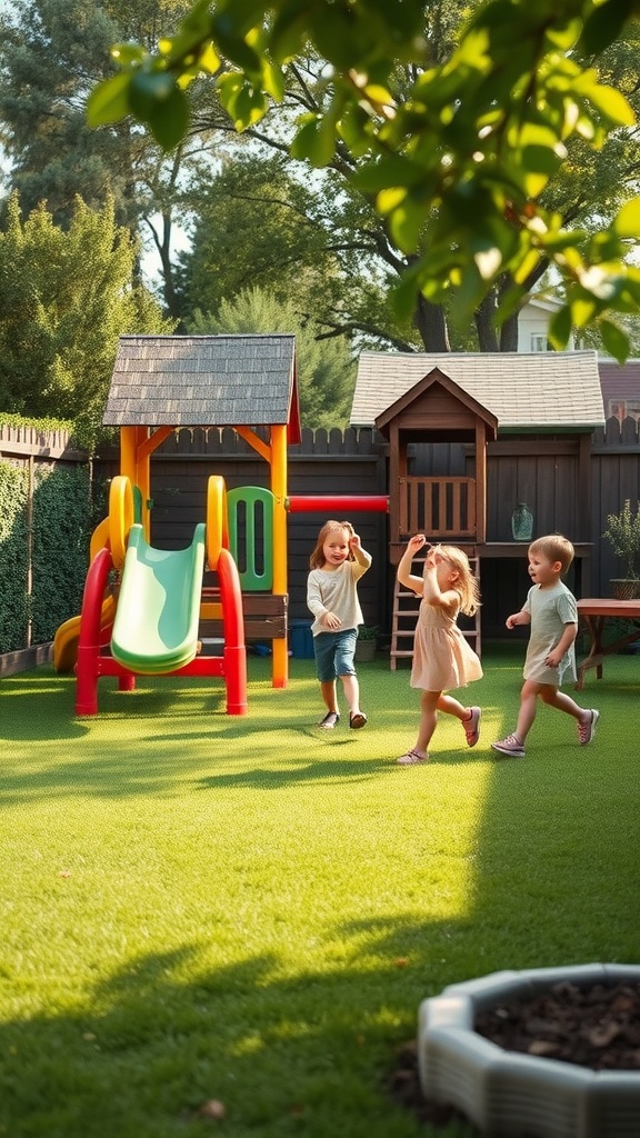 Children playing in a backyard turf area with a slide and playset.