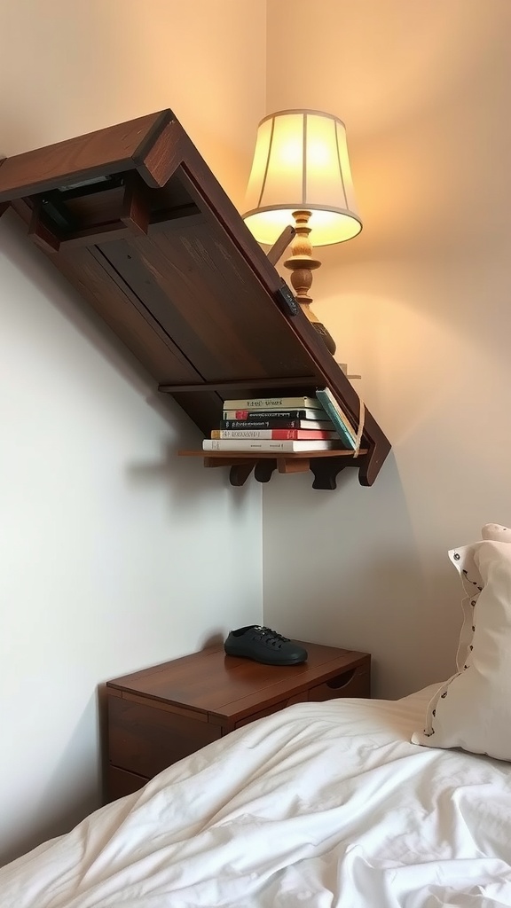 A creatively repurposed wooden table turned into a unique nightstand above a bed.