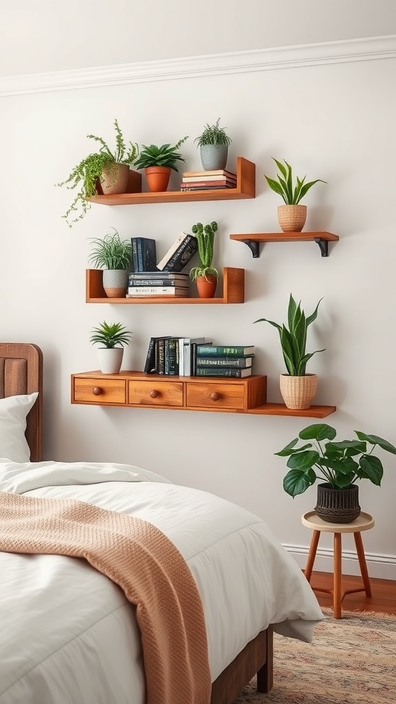 Wall shelves made from repurposed furniture drawers, displaying plants and books in a cozy bedroom.