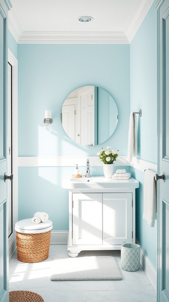A bright bathroom featuring turquoise walls and white accents, with a round mirror, white vanity, and decorative elements.