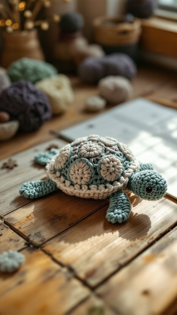A handmade crochet turtle in soft yarn, displayed on a wooden table with additional yarn and crafting materials in the background.