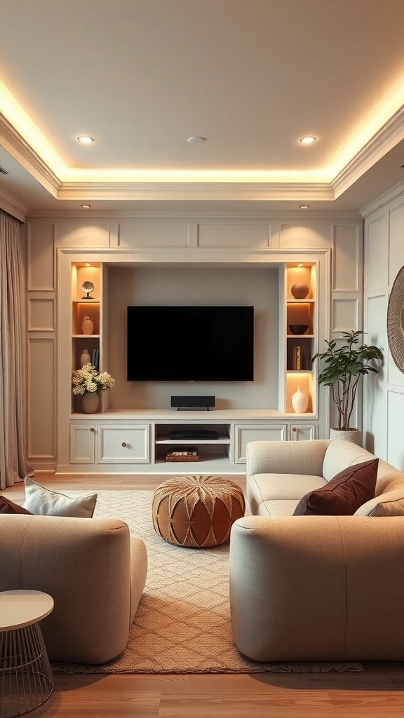 A cozy living room with a TV in a custom nook, featuring built-in shelves and warm lighting.