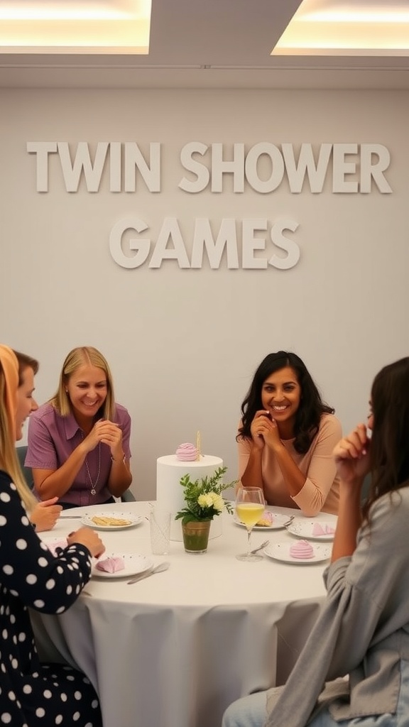 Four women enjoying games at a twin baby shower with a sign that says 'TWIN SHOWER GAMES'