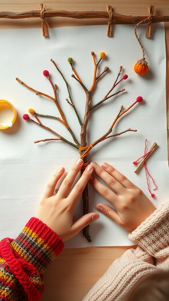 Craft project showing twigs arranged like a tree with colorful pom-poms and hands involved in creating it.
