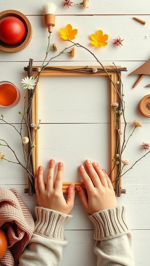 A hands-on craft activity showing a twig picture frame surrounded by flowers and crafting materials.
