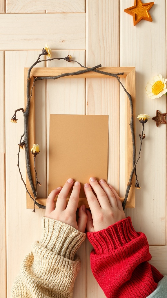 A pair of hands assembling a twig picture frame with decorative flowers.