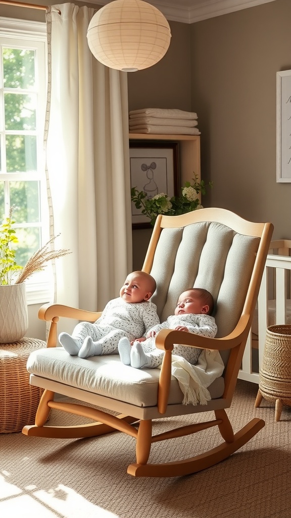 A twin-friendly rocking chair with two babies sitting comfortably in a nursery