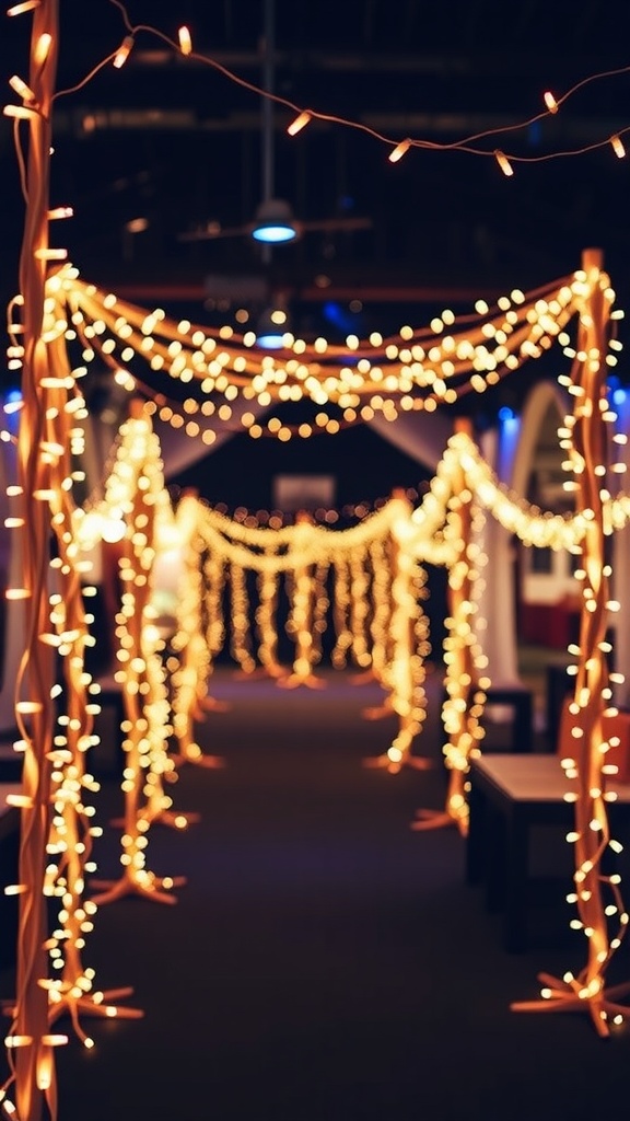 Twinkle lights hanging in a dimly lit space, creating a cozy atmosphere.