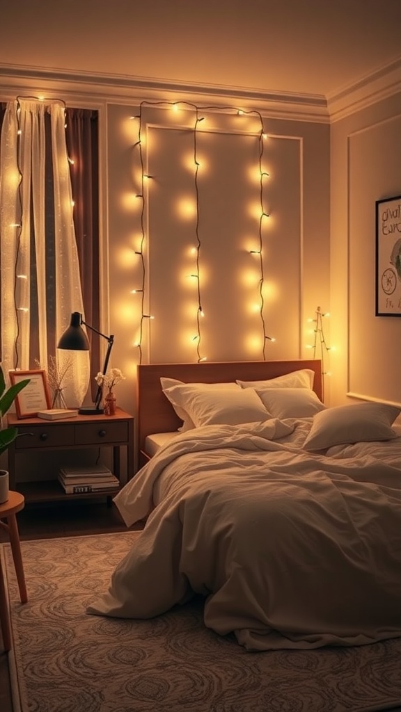 A cozy bedroom with twinkling fairy lights on the walls, warm bedding, and a stylish lamp.