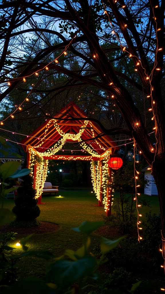 A garden gazebo adorned with twinkling fairy lights and lanterns, creating a cozy outdoor setting.