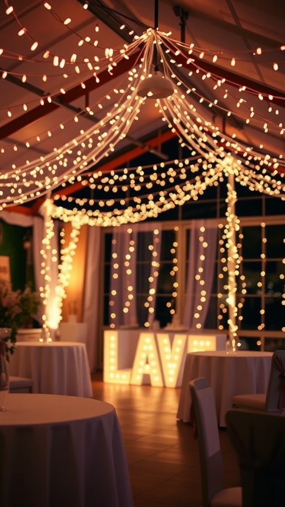A beautifully decorated space with twinkling fairy lights hanging from the ceiling, creating a warm atmosphere.