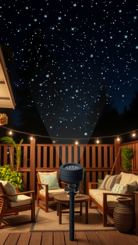 A backyard scene with a star projector illuminating a night sky filled with stars, surrounded by comfortable seating.