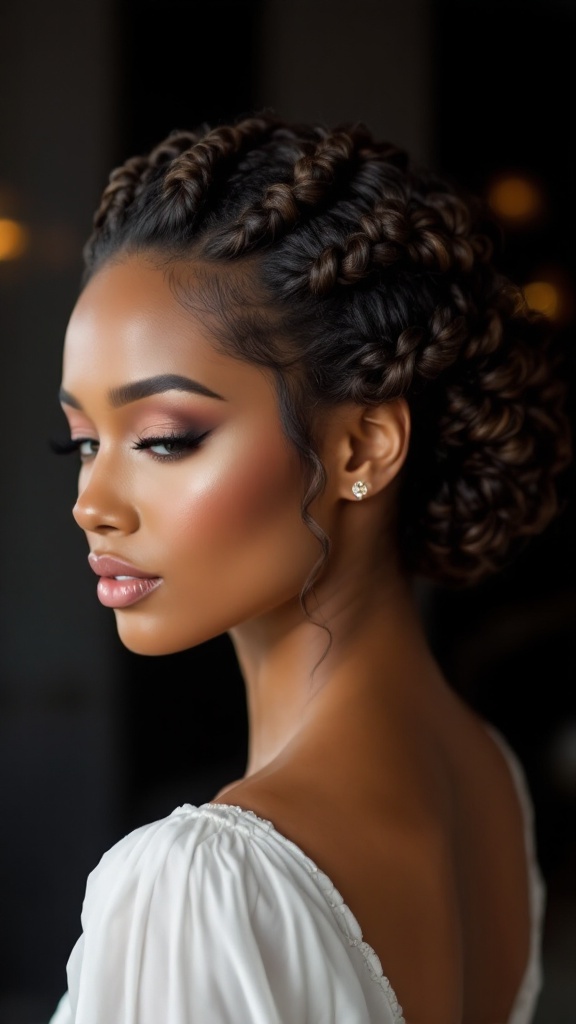 A close-up of a woman showcasing a twisted box braid updo hairstyle.