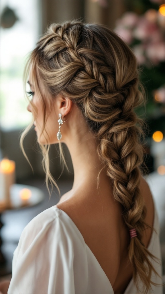 A woman with a twisted braid ponytail hairstyle, wearing elegant earrings.