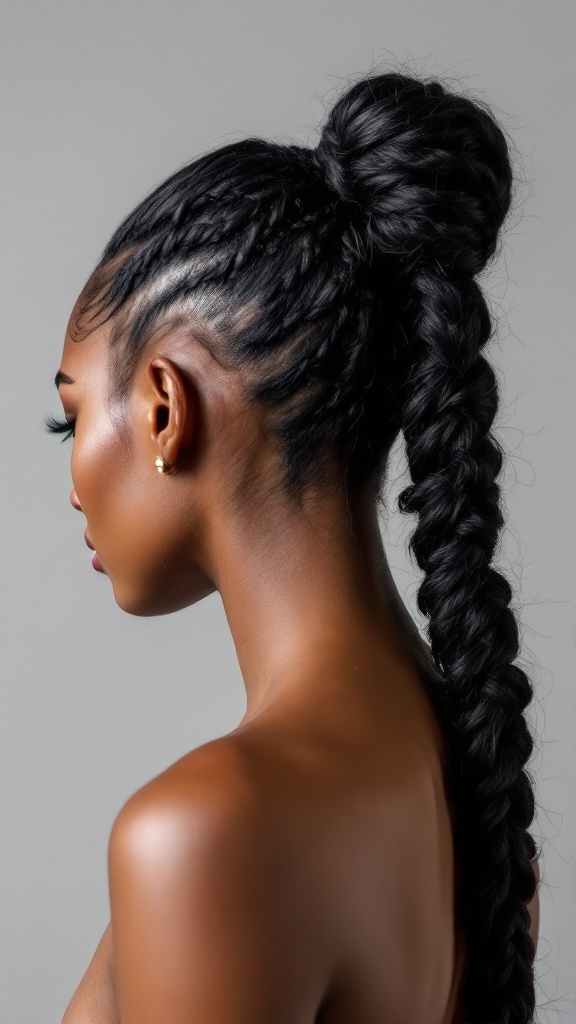 A stylish twisted braid ponytail hairstyle for black women, showcasing tight braids transitioning into a wavy ponytail.